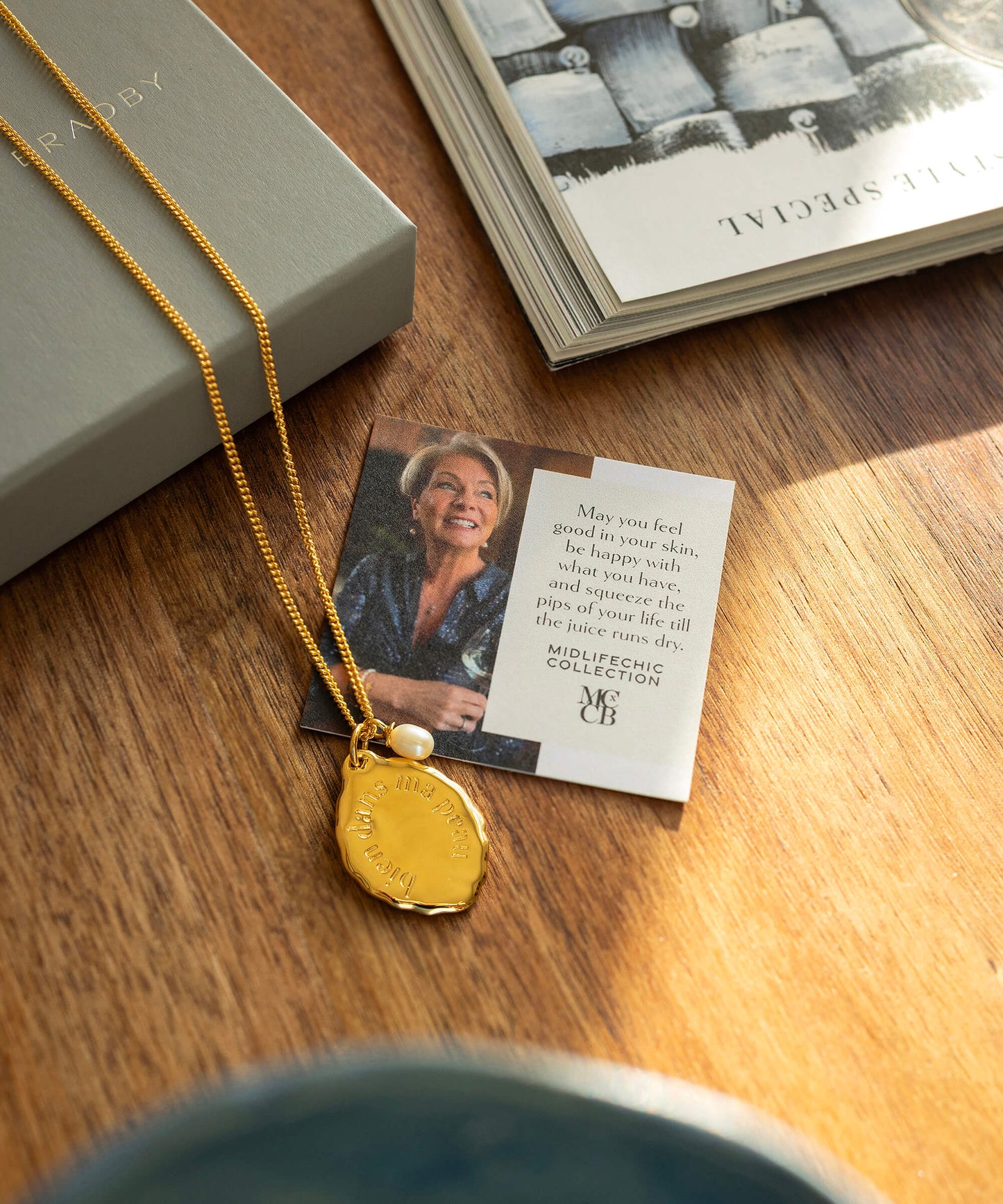 Midlifechic mantra necklace with single pearl charm, gold plate