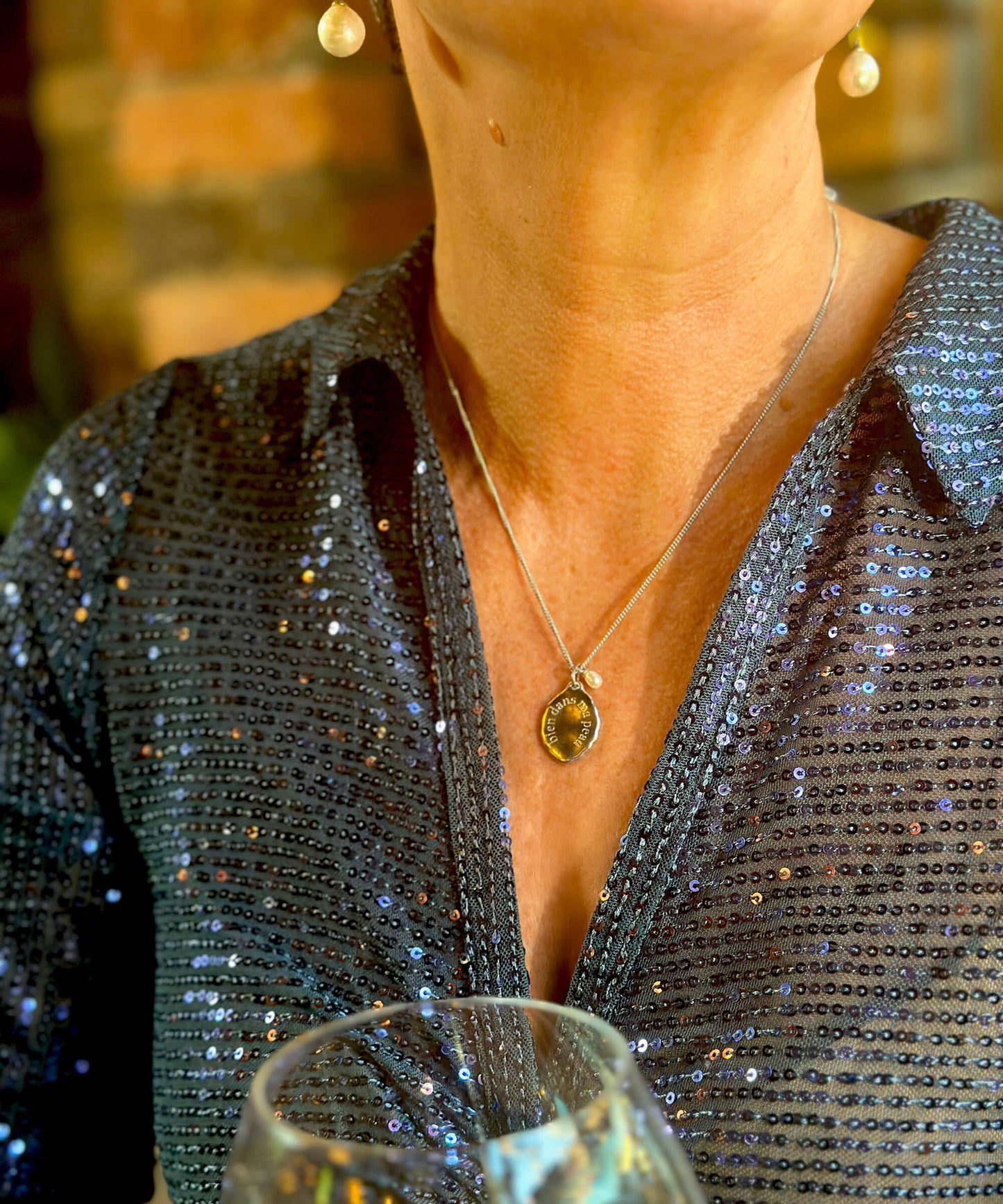 Midlifechic mantra necklace with single pearl charm, rhodium plate