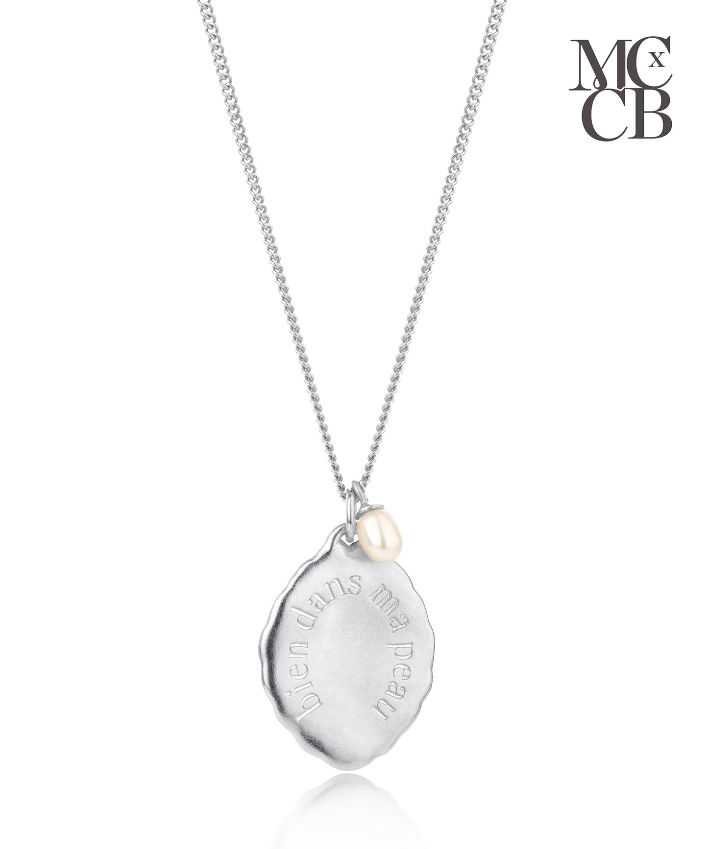 Midlifechic mantra necklace with single pearl charm, rhodium plate
