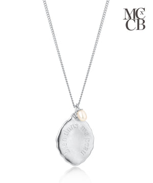 Midlifechic mantra necklace with single pearl charm, rhodium plate