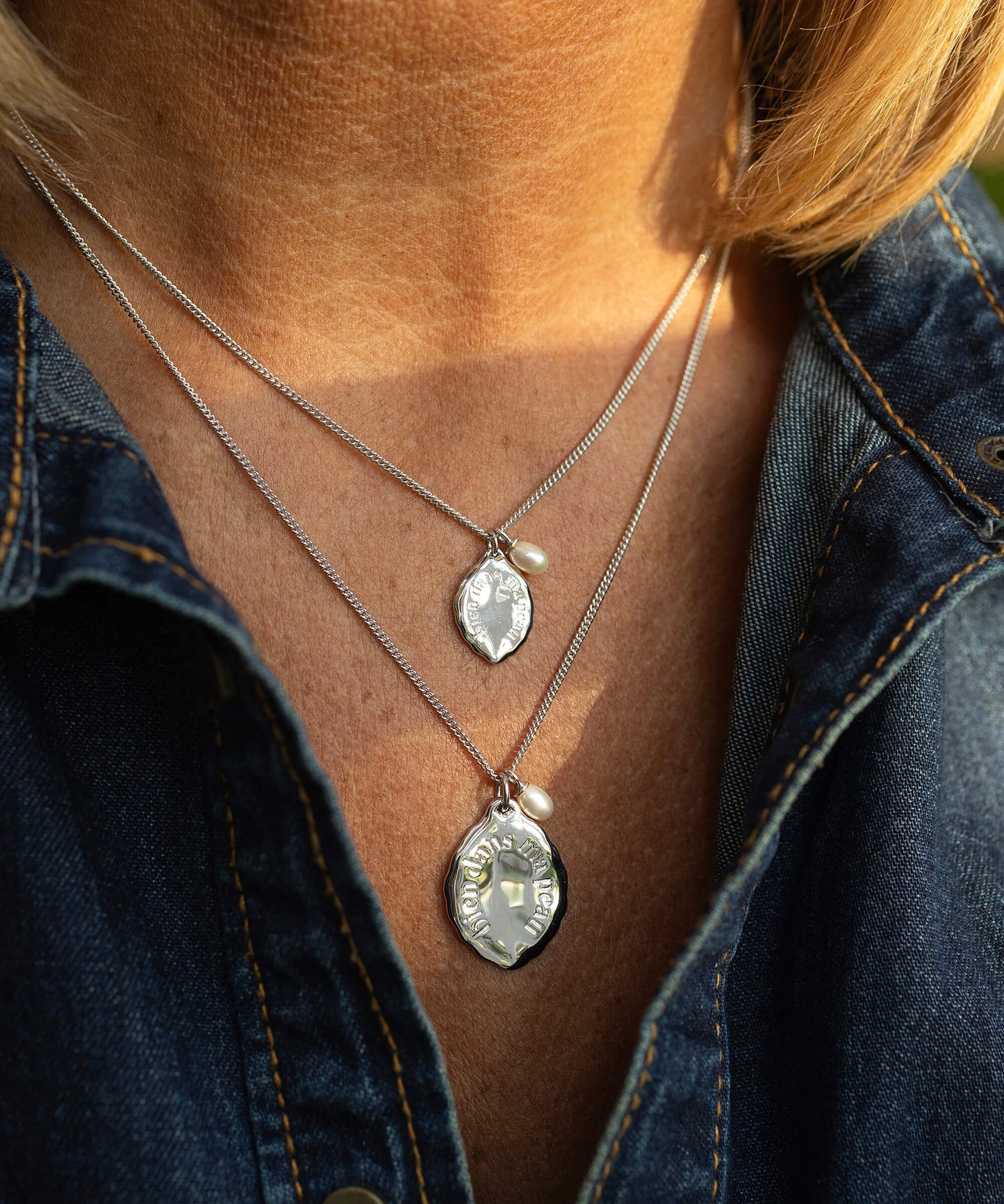 Midlifechic mantra necklace with single pearl charm, rhodium plate