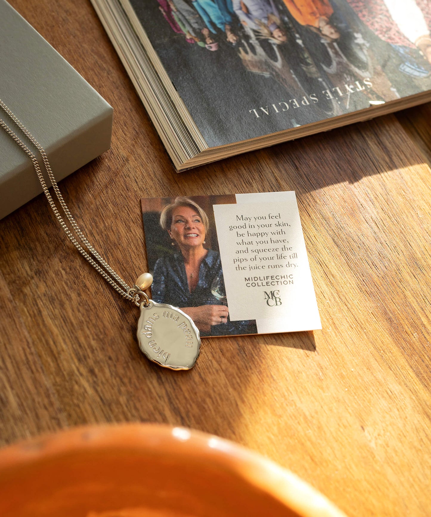 Midlifechic mantra necklace with single pearl charm, rhodium plate