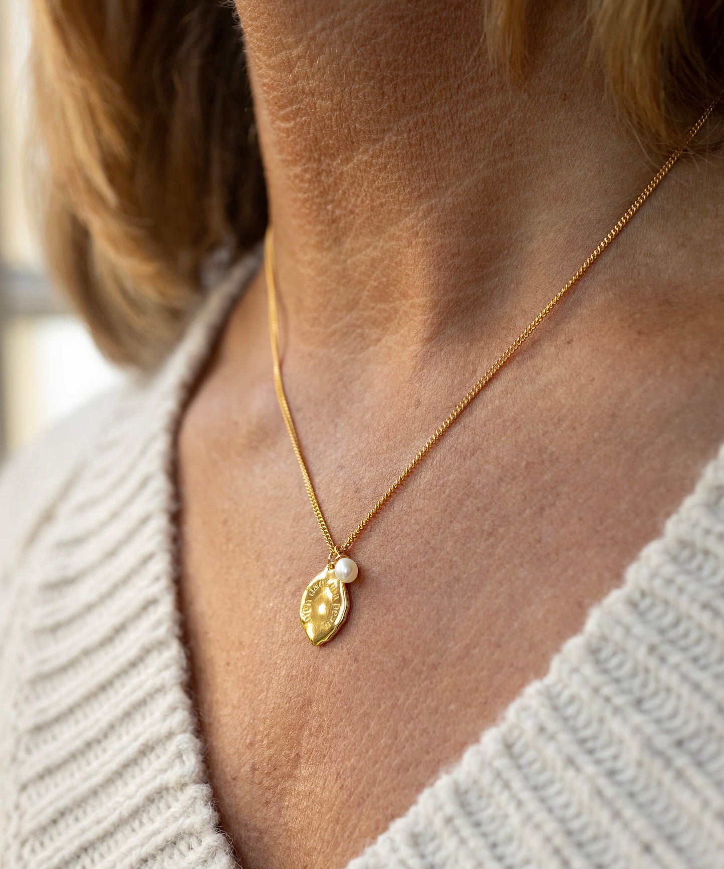 Midlifechic micro mantra necklace with single pearl charm, gold plate