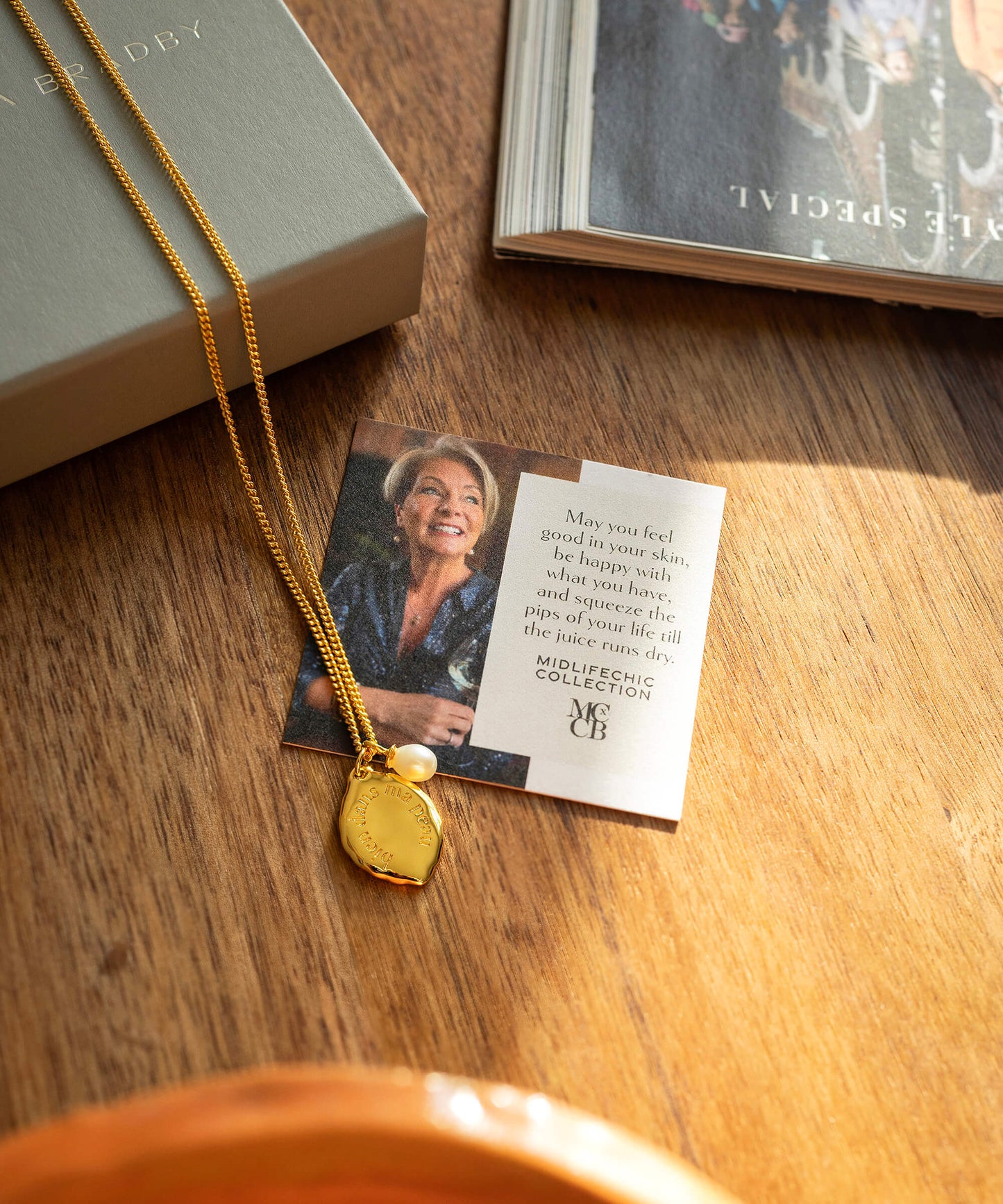 Midlifechic micro mantra necklace with single pearl charm, gold plate