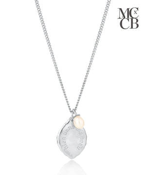 Midlifechic micro mantra necklace with single pearl charm, rhodium plate
