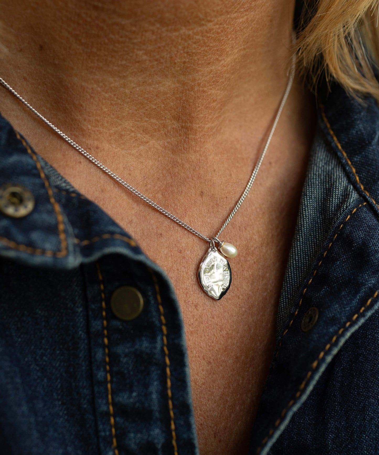 Midlifechic micro mantra necklace with single pearl charm, rhodium plate