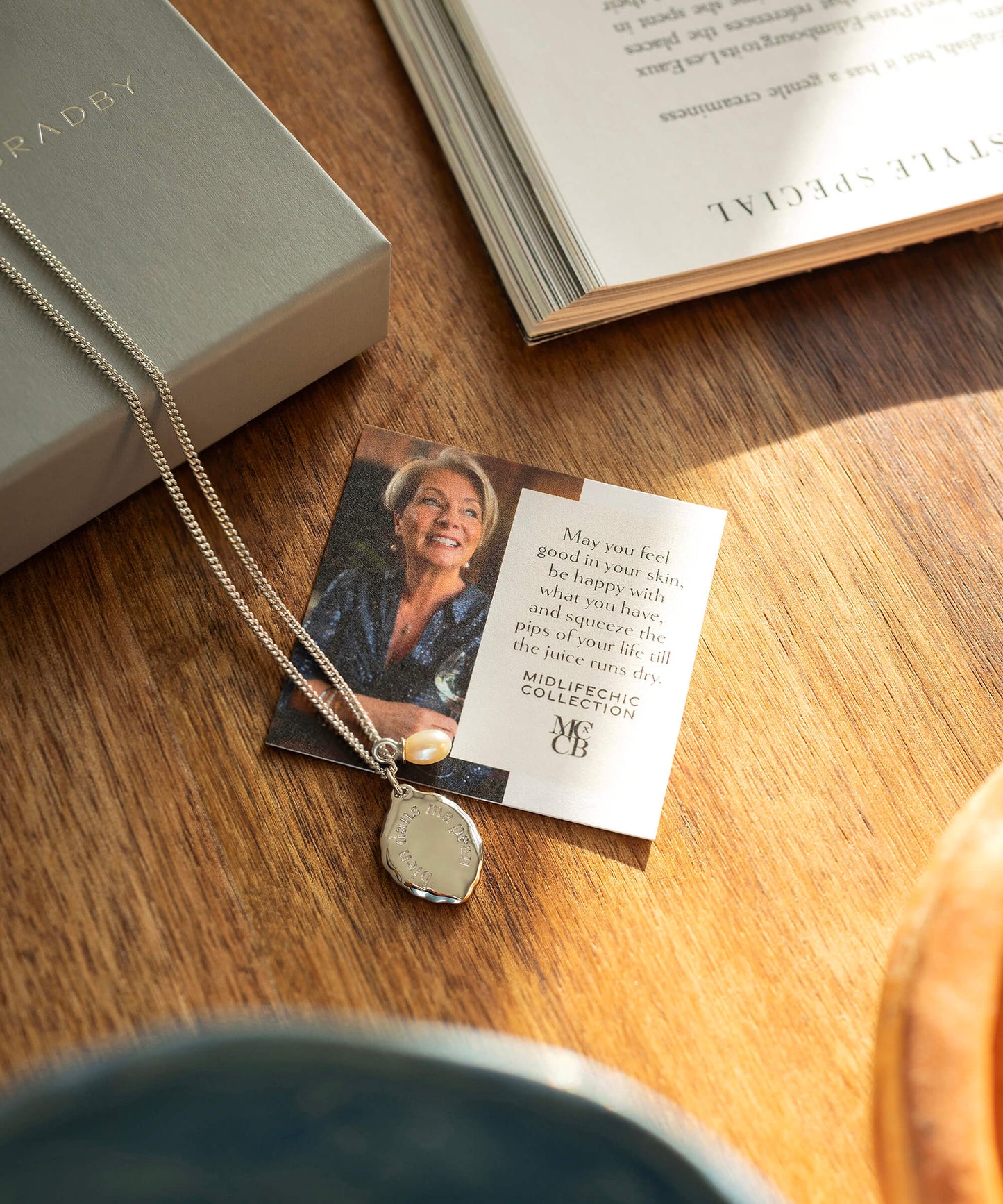 Midlifechic micro mantra necklace with single pearl charm, rhodium plate