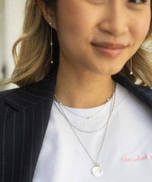 Paperclip layering silver chain necklace with pearl charm