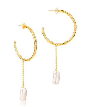Large volcano hoop gold earrings with long biwa pearl drop