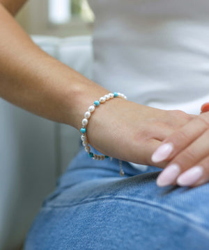 Turquoise and pearl silver bead eternity bracelet