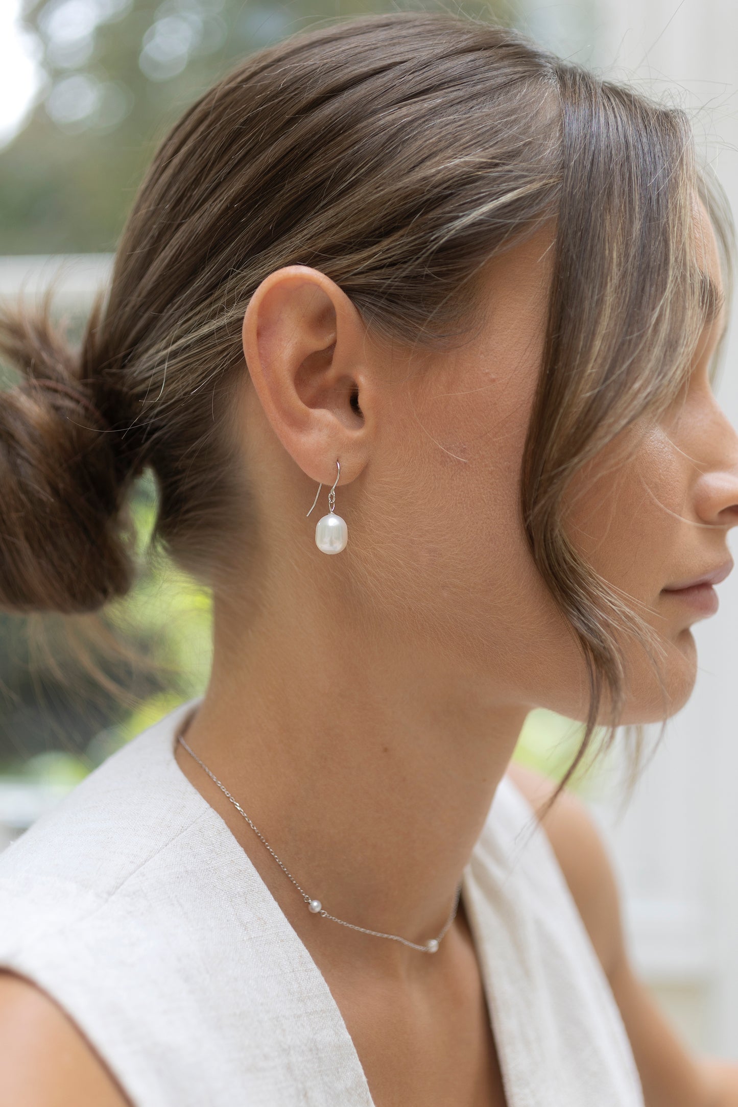 Pearl drop earrings, silver