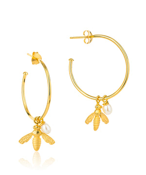 Flying bee hoop earrings, large, gold