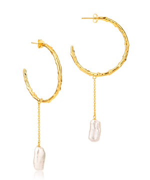 Large volcano hoop earring with long biwa pearl drop, gold