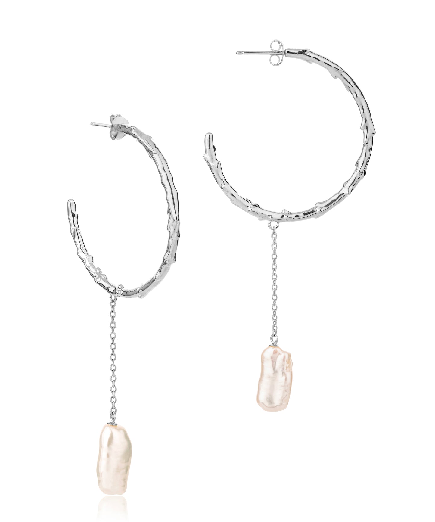 Large volcano hoop earring with long biwa pearl drop, silver