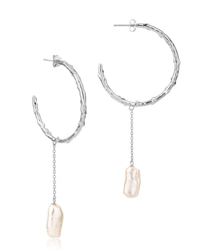 Large volcano hoop earring with long biwa pearl drop, silver