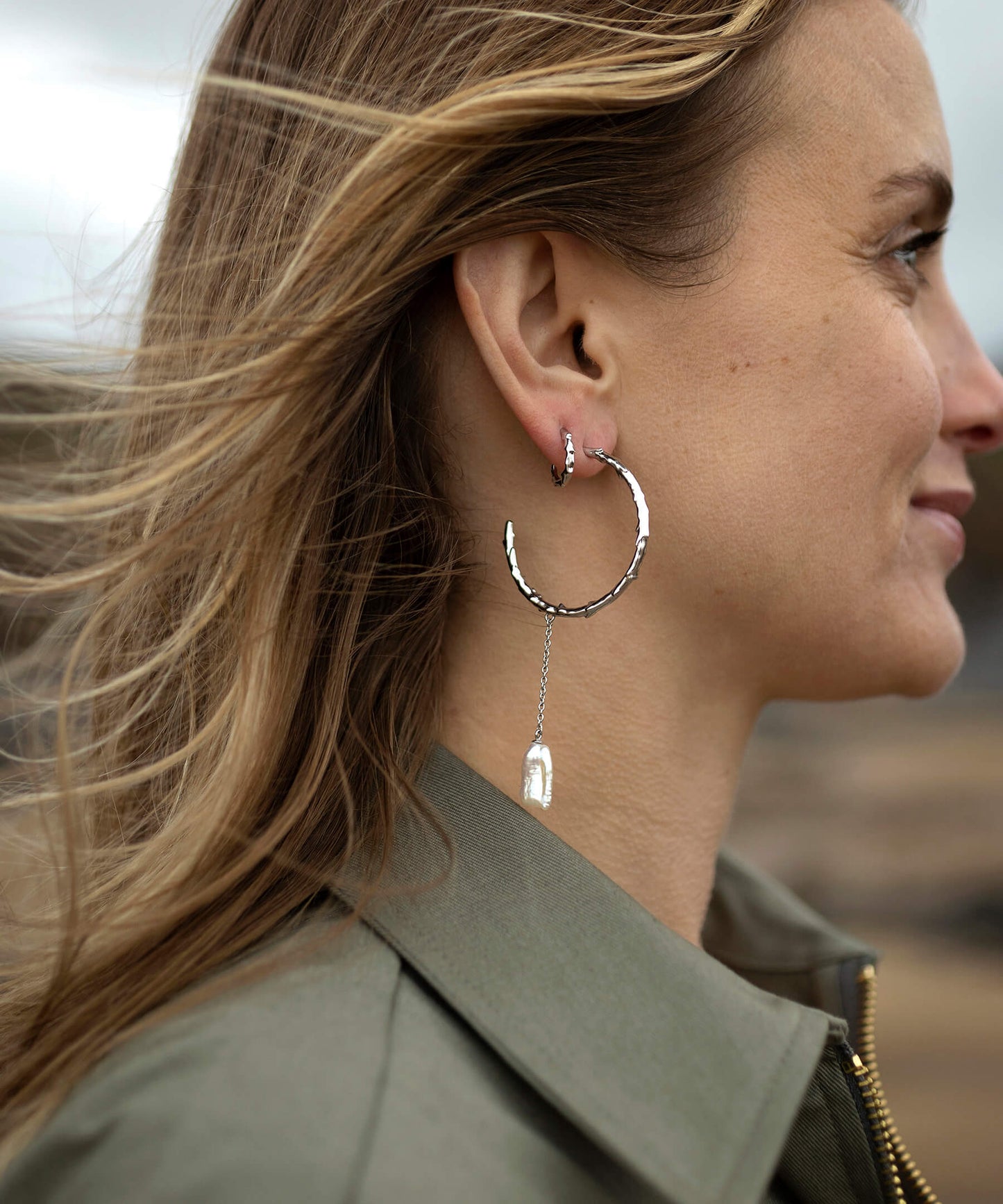 Large volcano hoop earring with long biwa pearl drop, silver