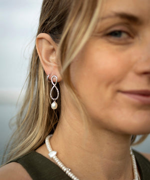 Siren mermaid silhouette earrings, with freshwater pearl drop, silver