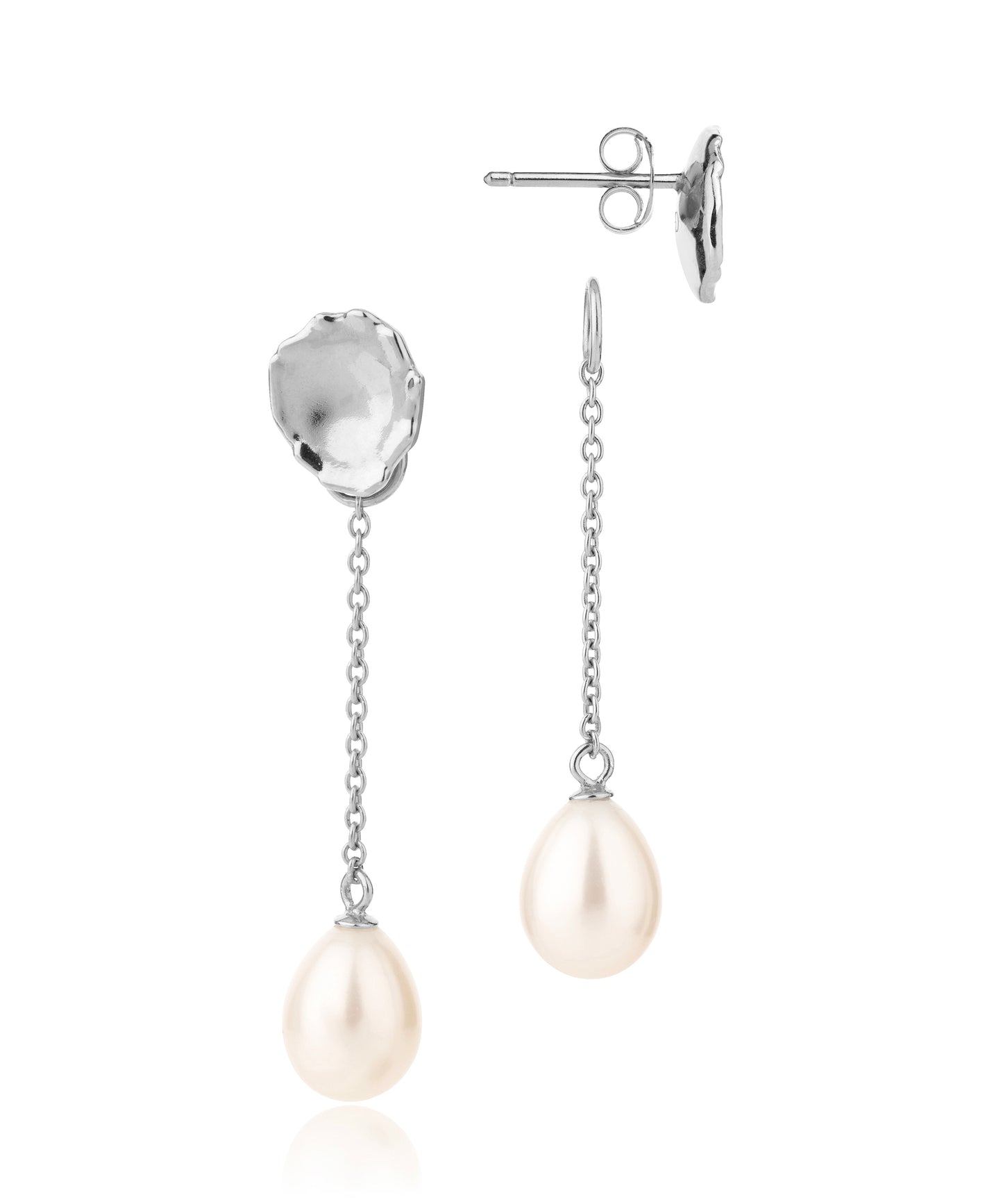 Molten lava stud with removeable chain pearl charm, silver