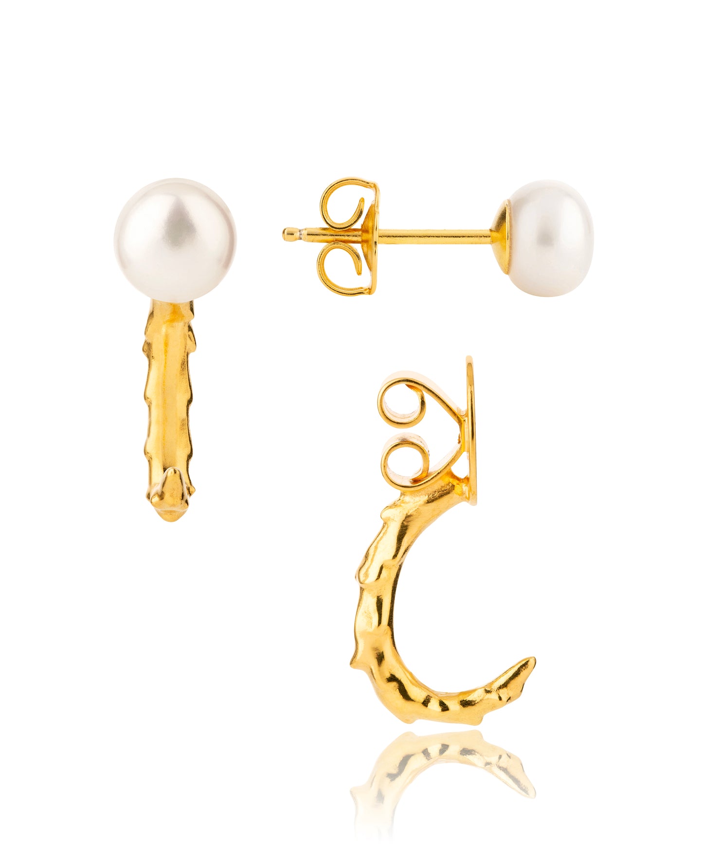 Ear jacket volcano hoop with pearl stud, gold