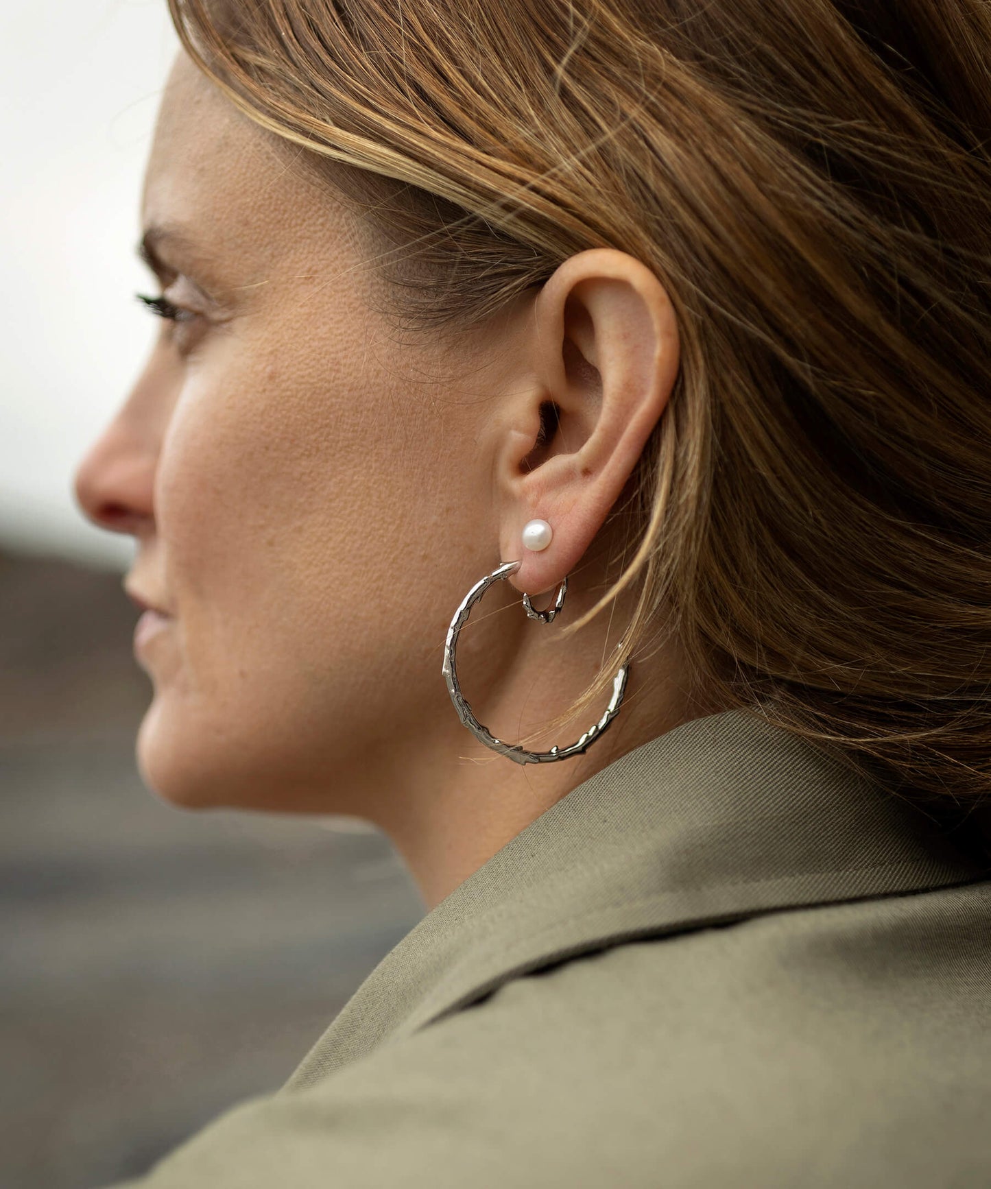 Ear Jacket - volcano hoop with pearl stud, silver