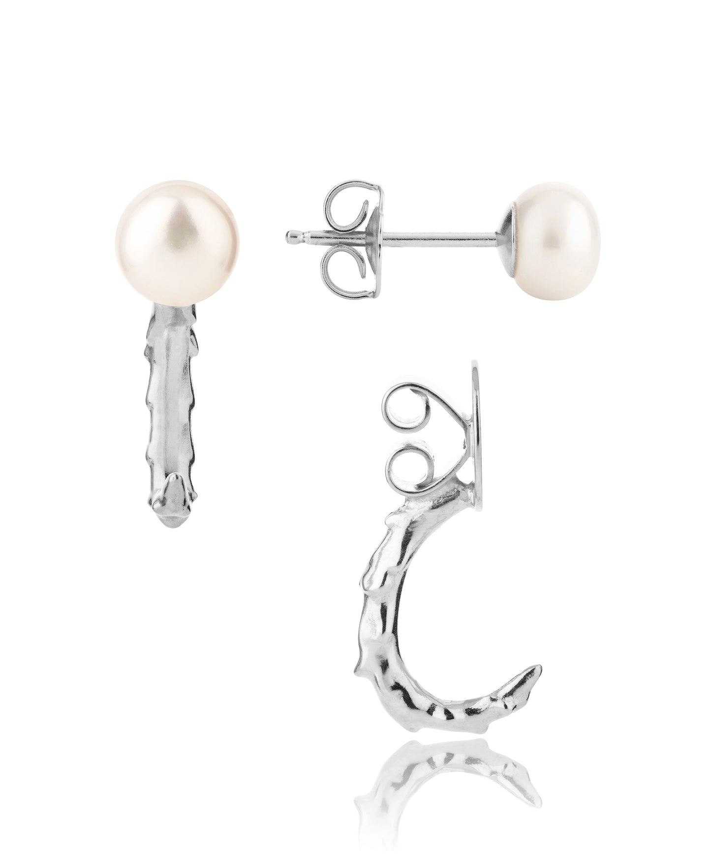 Ear Jacket - volcano hoop with pearl stud, silver