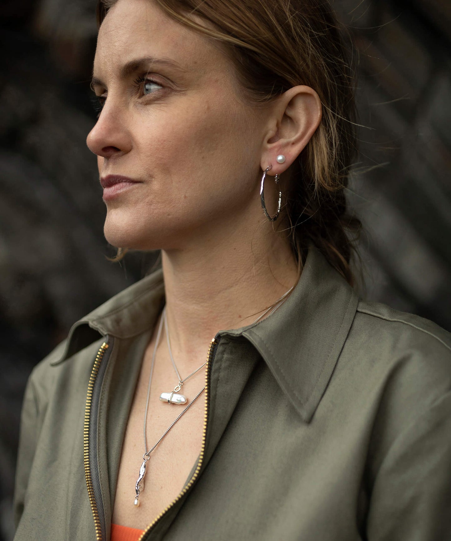 Ear Jacket - volcano hoop with pearl stud, silver