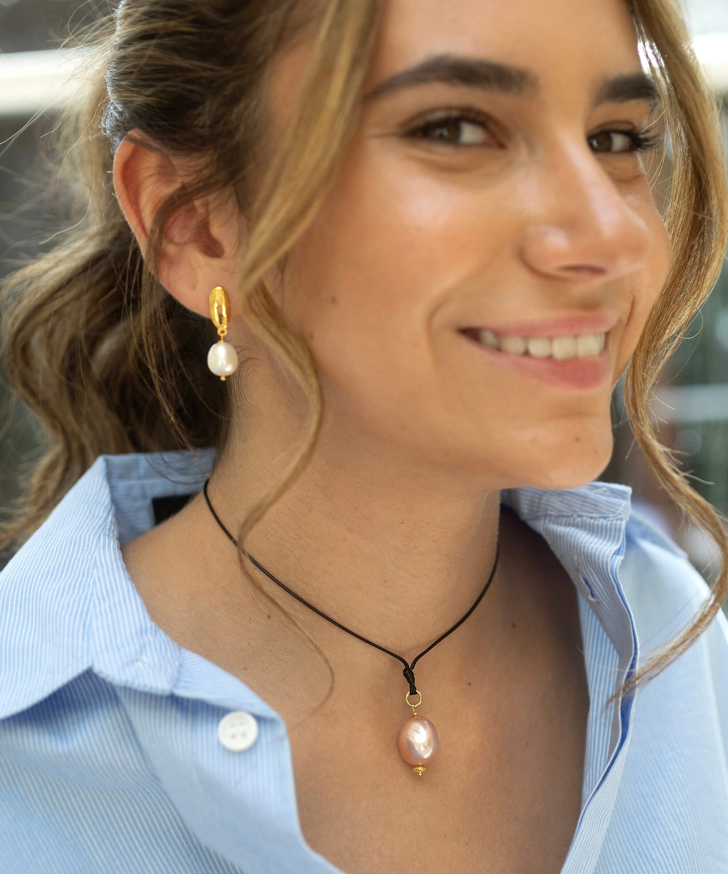 Baroque natural pink pearl pendant, adjustable cord necklace, gold