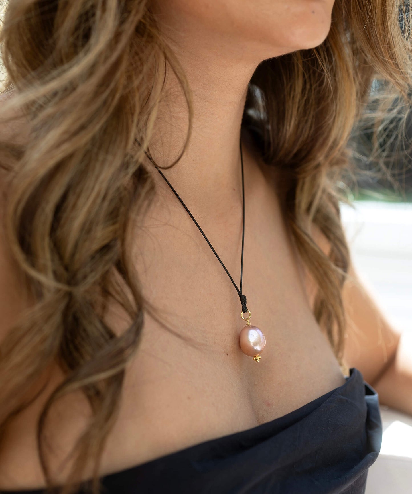 Baroque natural pink pearl pendant, adjustable cord necklace, gold