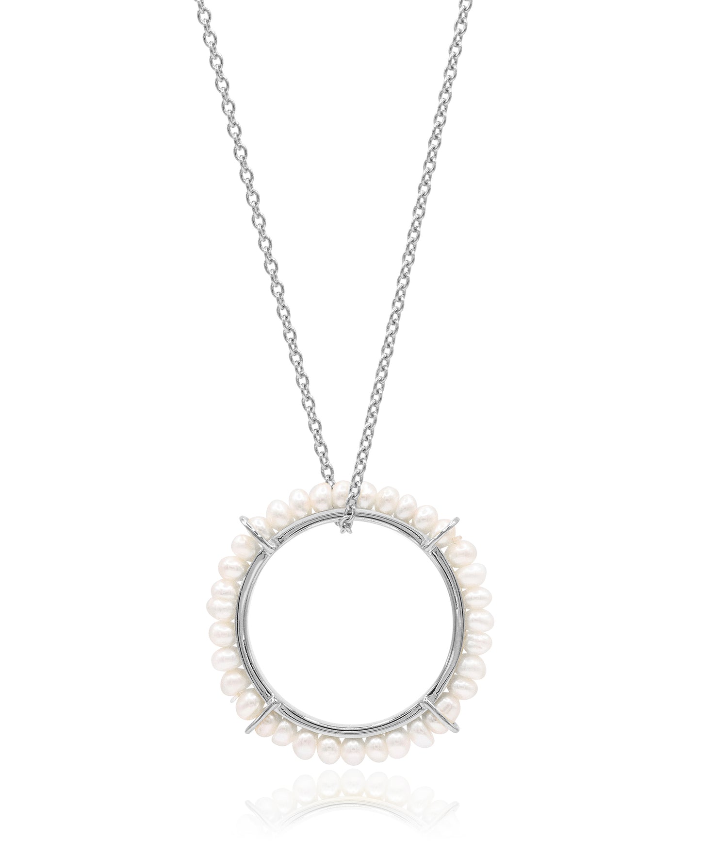 Silver necklace with a circular pendant featuring small pearls on a white background