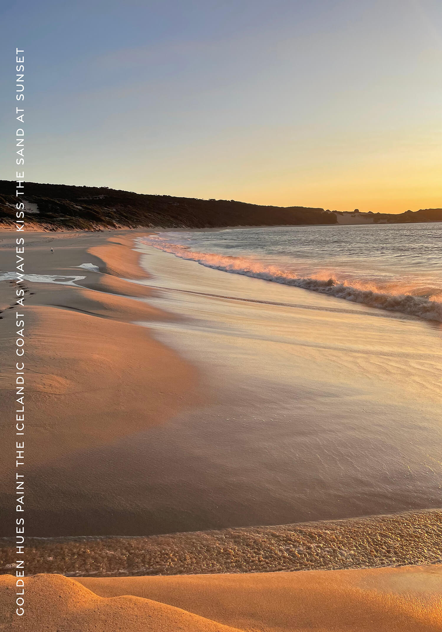 Golden hues paint the Icelandic coast as waves kiss the sand at sunset