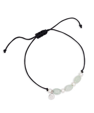 Pearl and jade friendship bracelet, adjustable cord, silver
