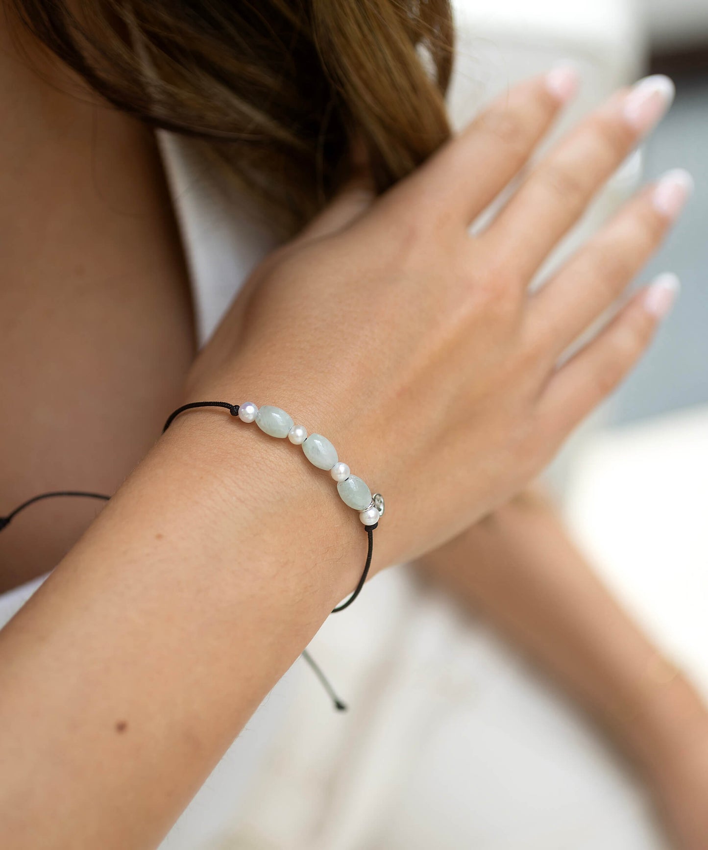 Pearl and jade friendship bracelet, adjustable cord, silver