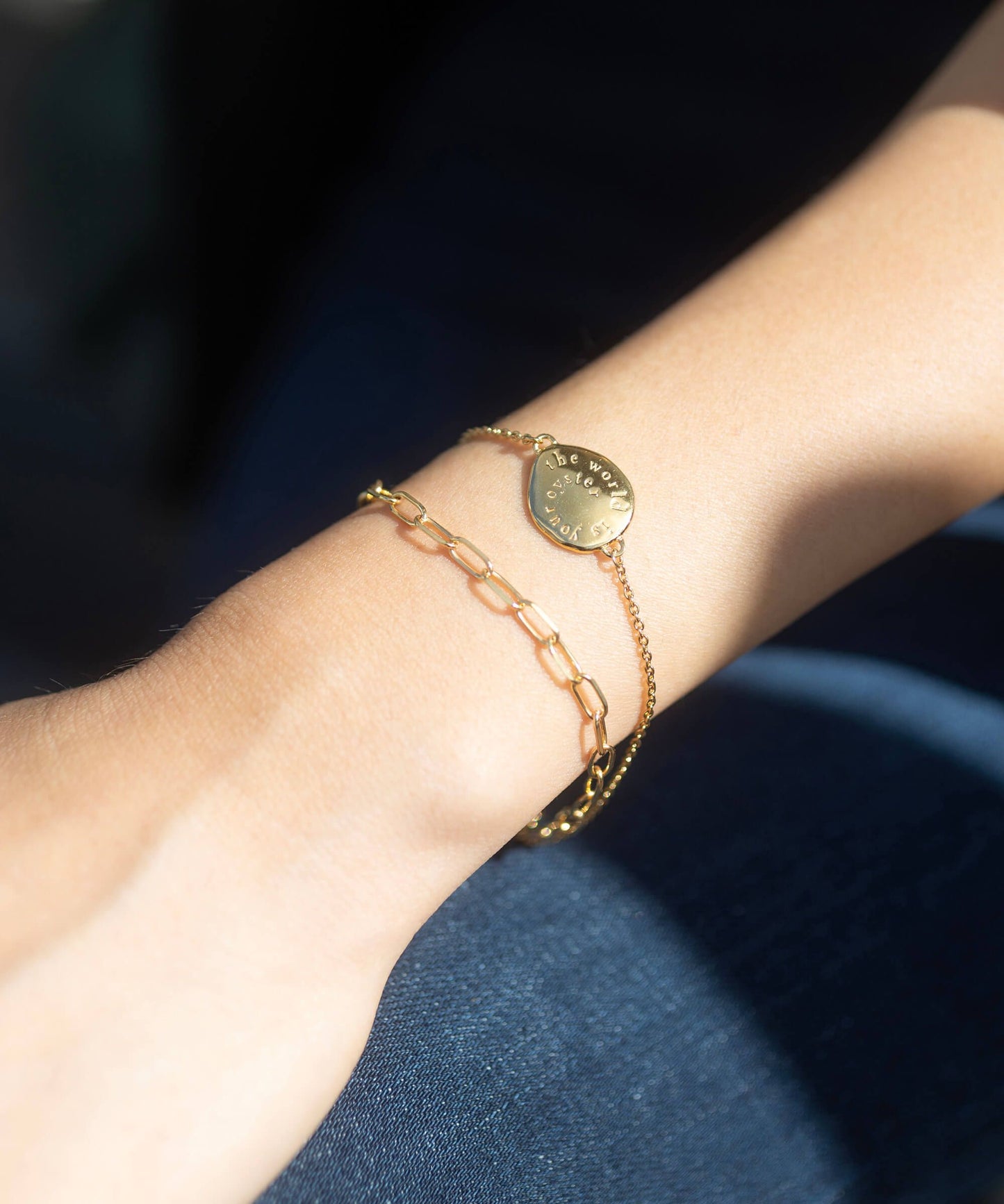 Paperclip gold layering chain bracelet with pearl charm