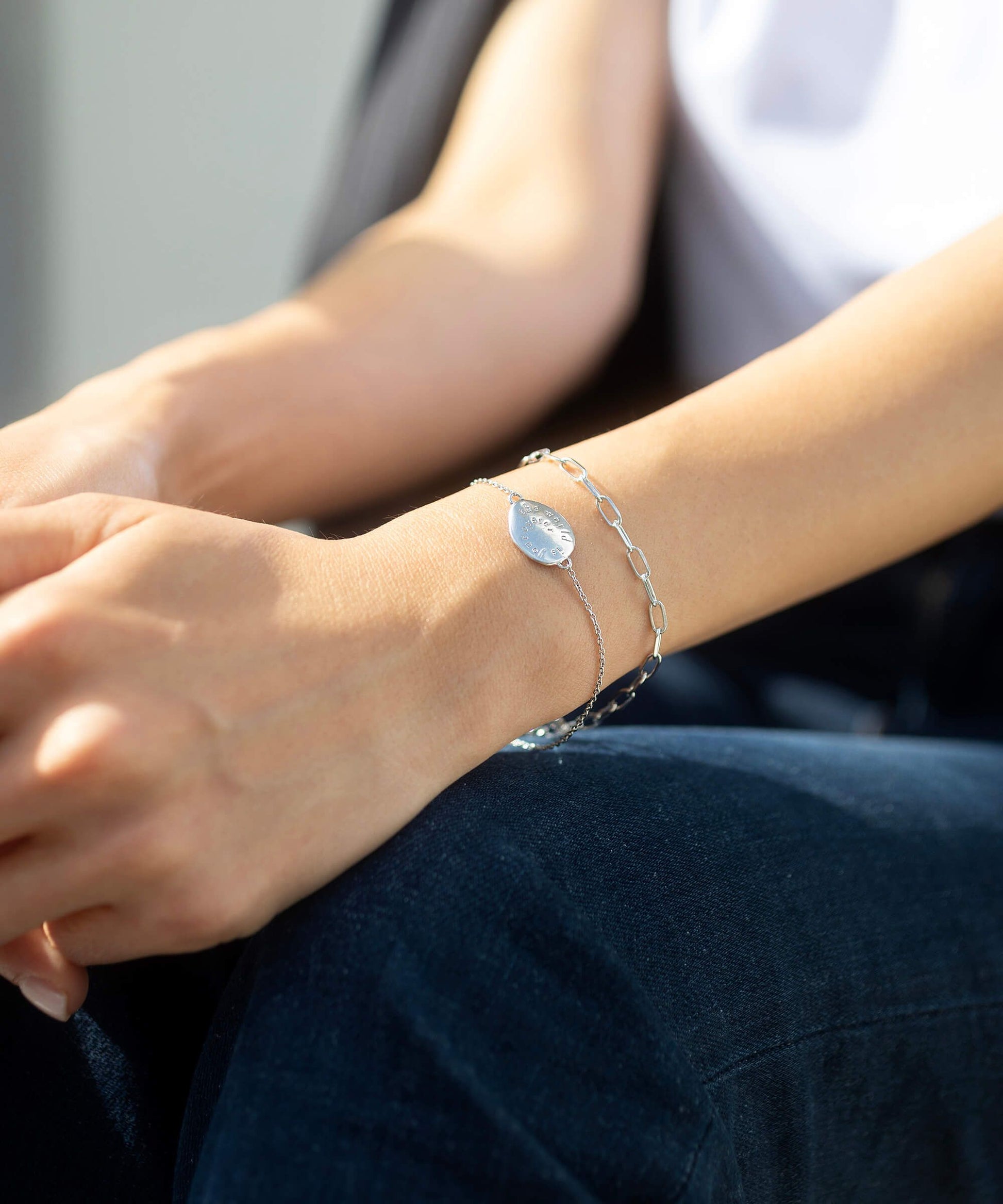 Paperclip silver layering chain bracelet with pearl charm