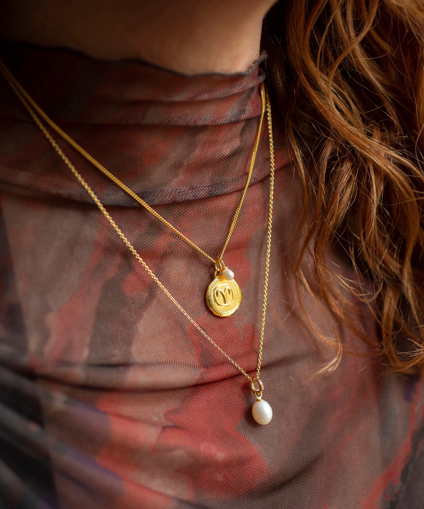 Aries, gold zodiac pearl necklace, 21/3-19/4
