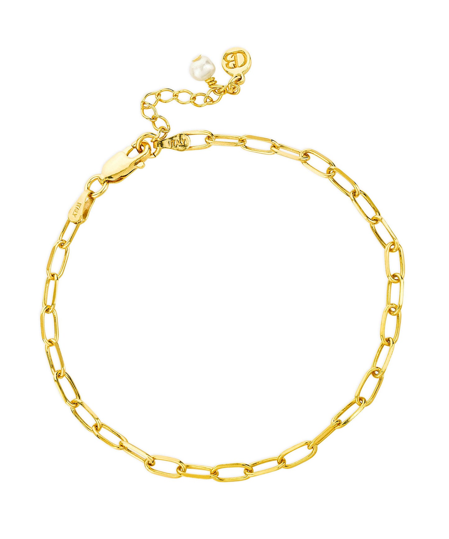 Paperclip gold layering chain bracelet with pearl charm