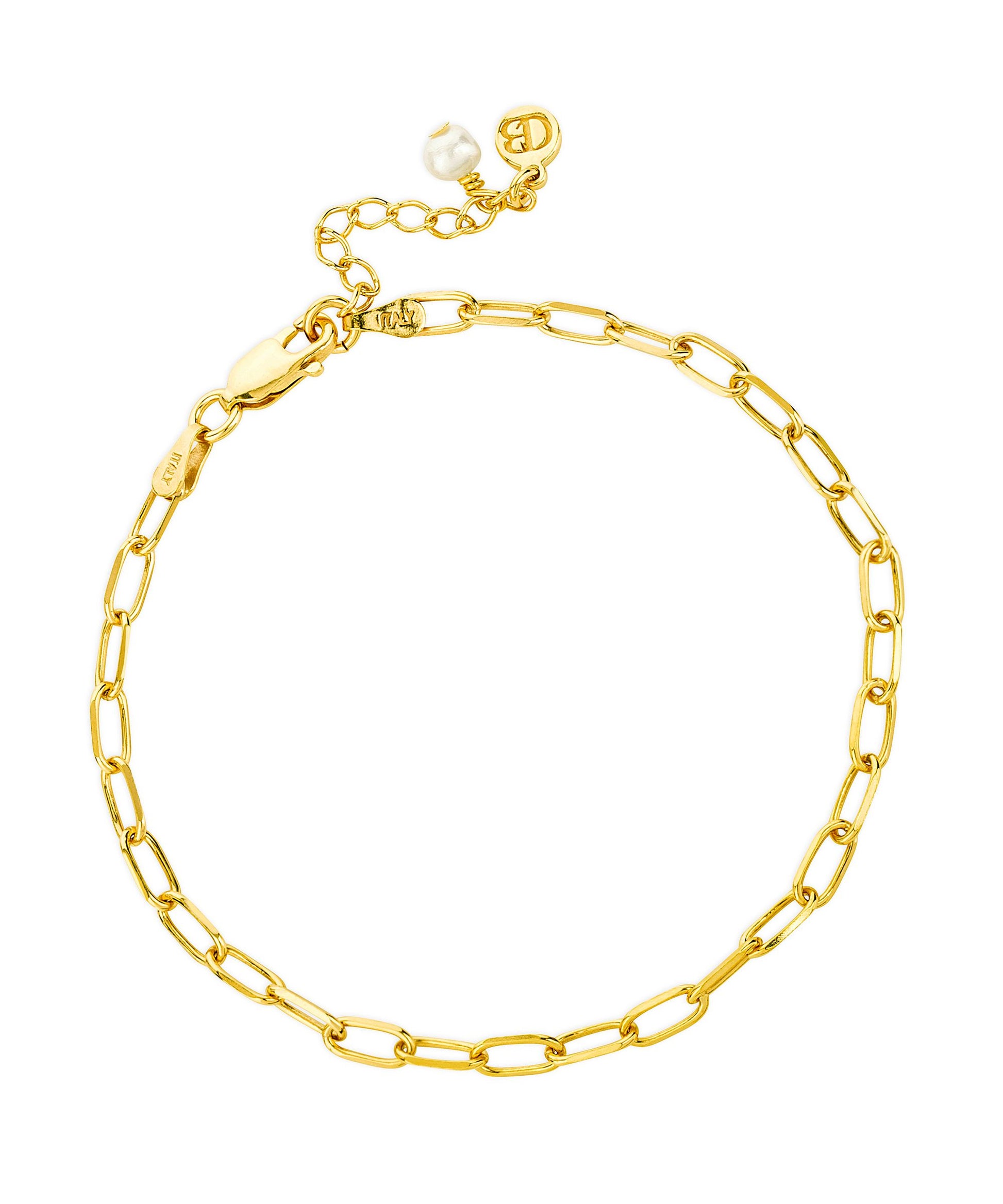 Paperclip gold layering chain bracelet with pearl charm