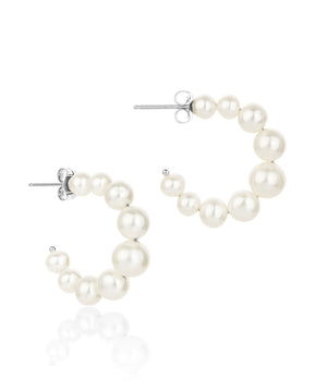 Medium pearl graduated mermaid silver hoop earrings