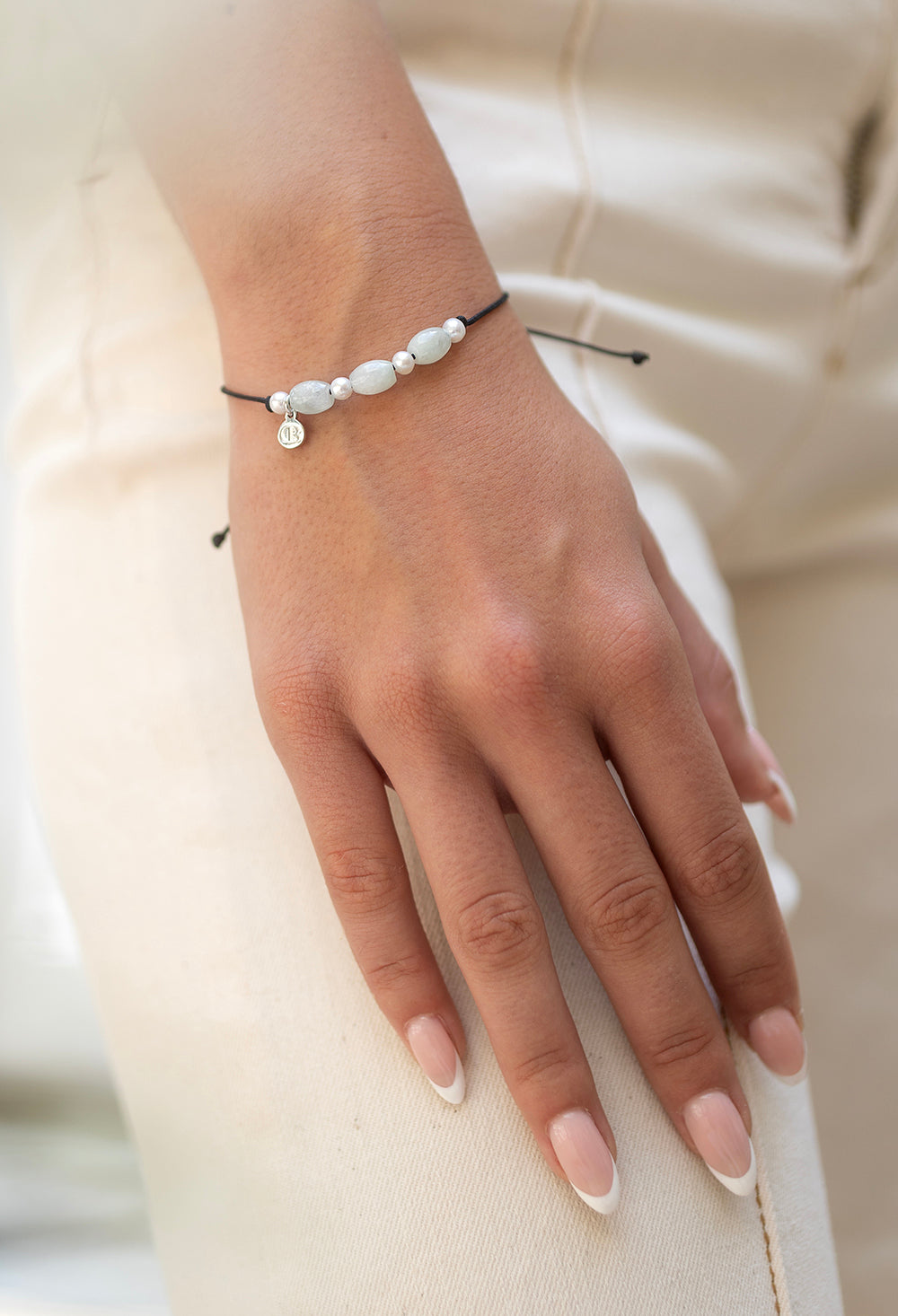 Pearl and jade friendship bracelet, adjustable cord, silver