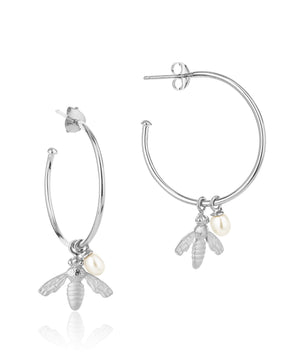 Flying bee silver hoop earrings