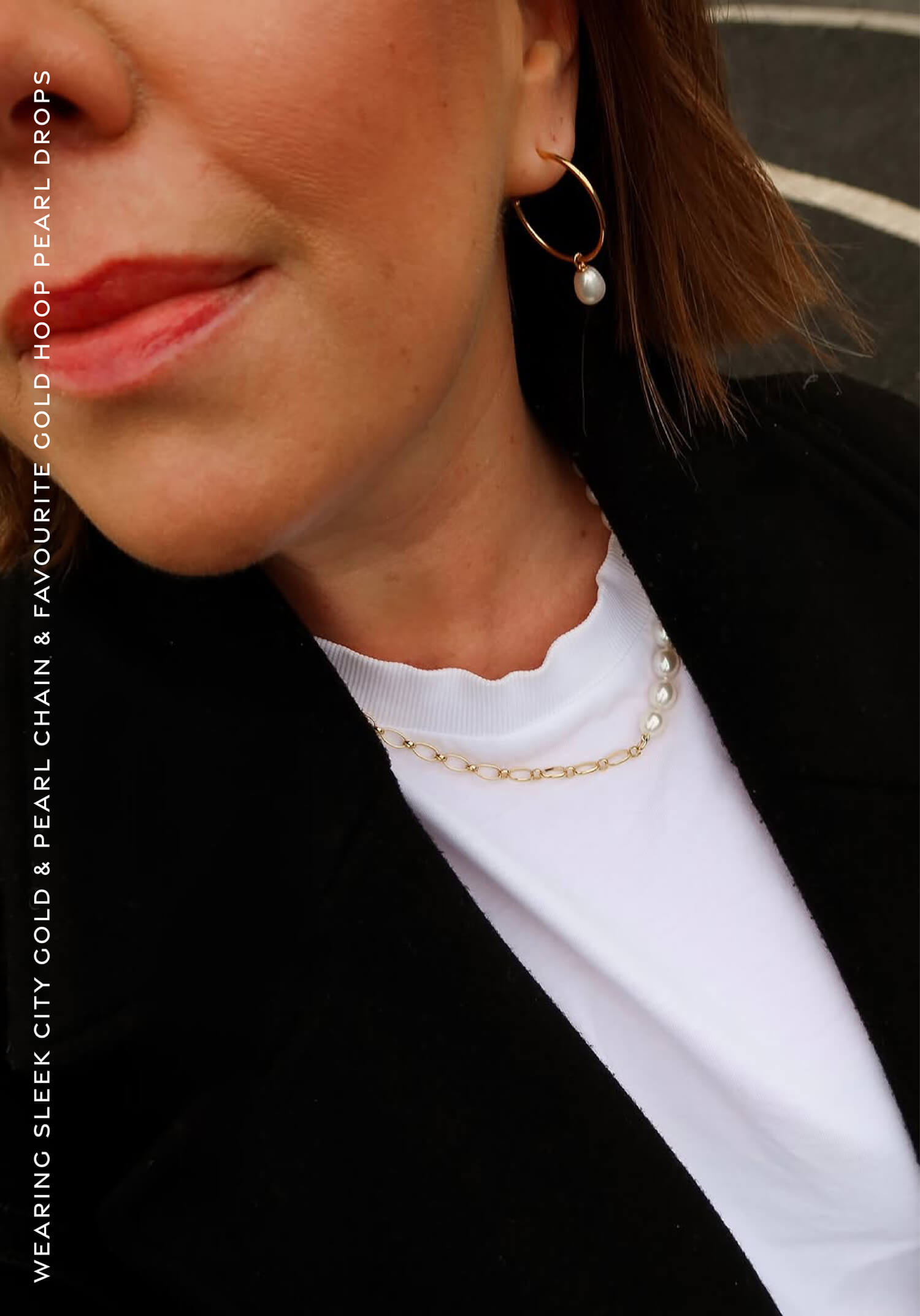 @gillian_loves_ wearing sleek city gold & pearl chain & favourite gold hoop pearl drops