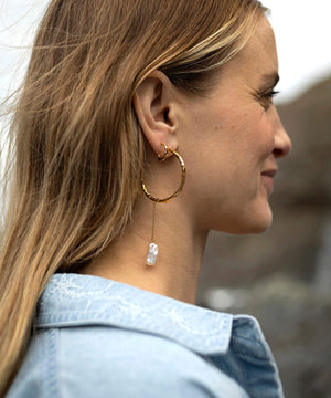 Large volcano hoop gold earrings with long biwa pearl drop