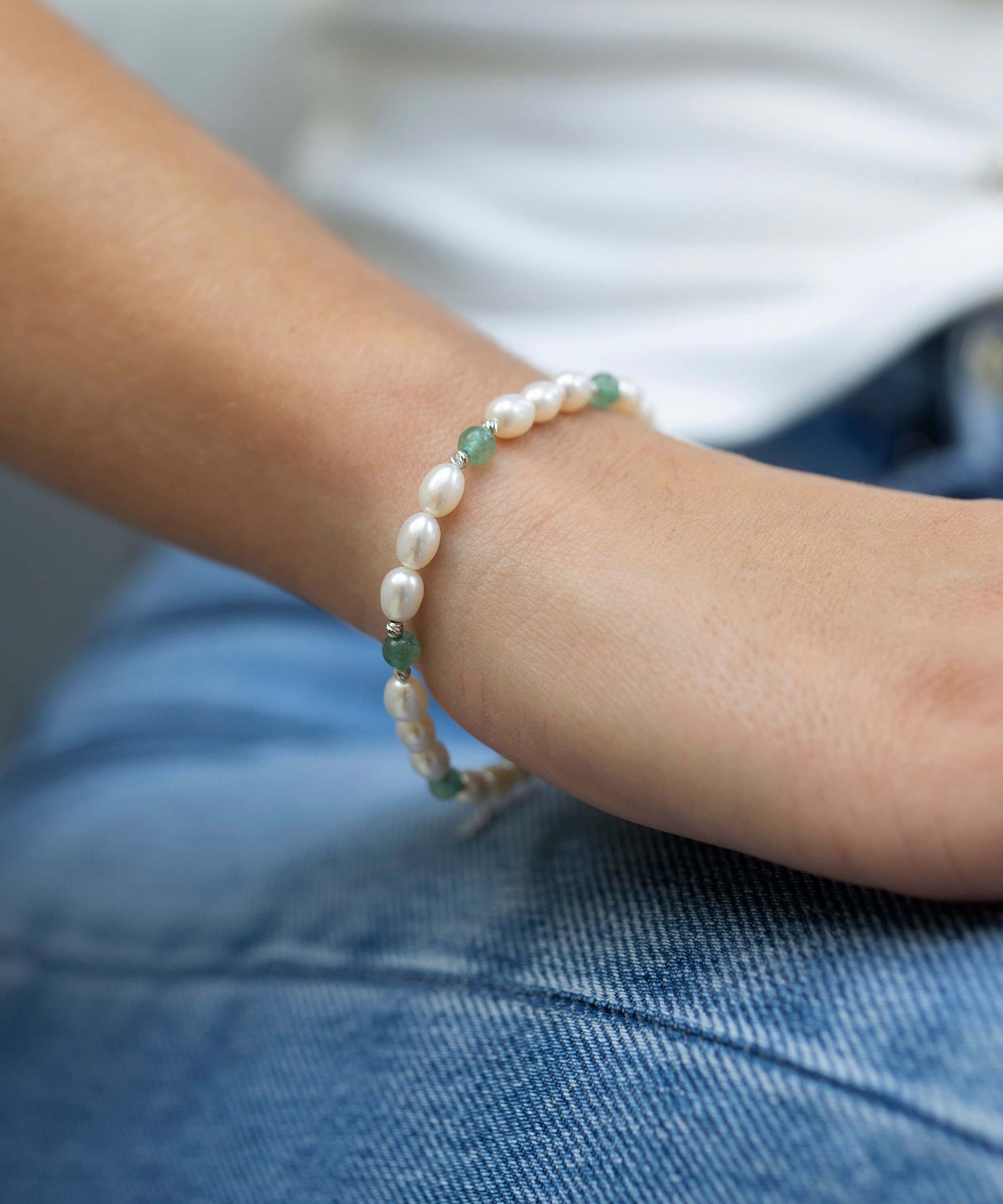 Pearl and Aventurine Eternity Prosperity silver Bracelet