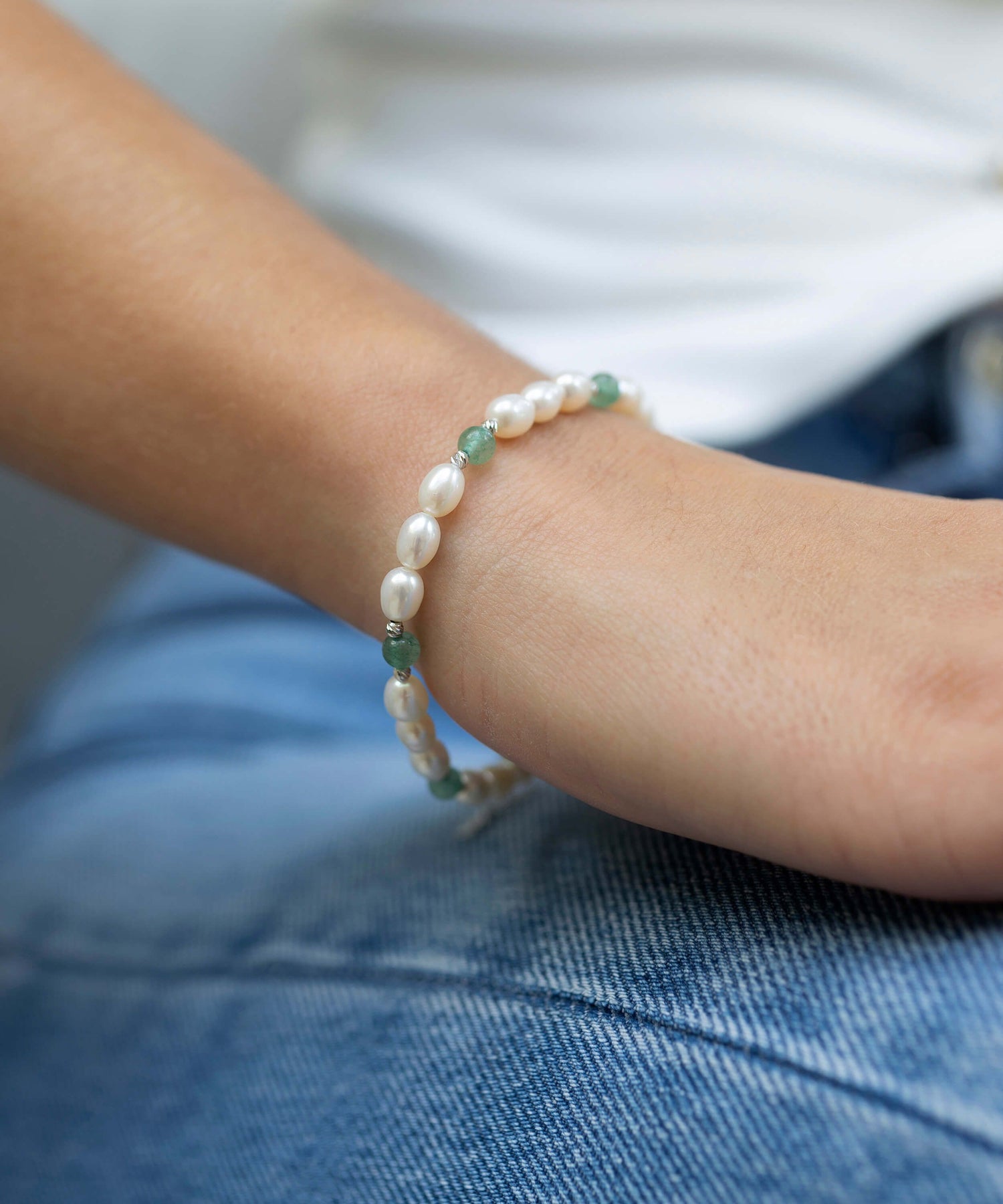 Pearl and Aventurine Eternity Prosperity silver Bracelet