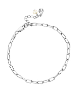 Paperclip silver layering chain bracelet with pearl charm