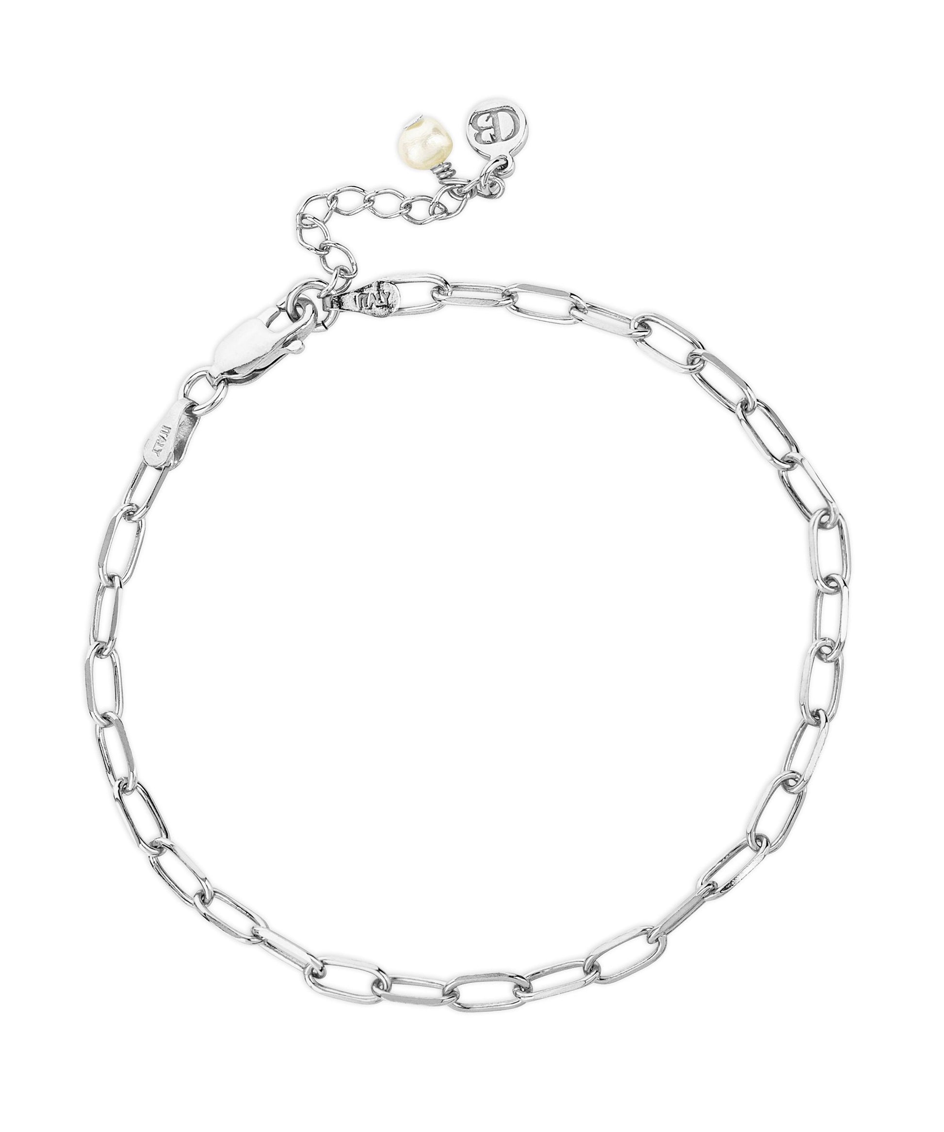 Paperclip silver layering chain bracelet with pearl charm