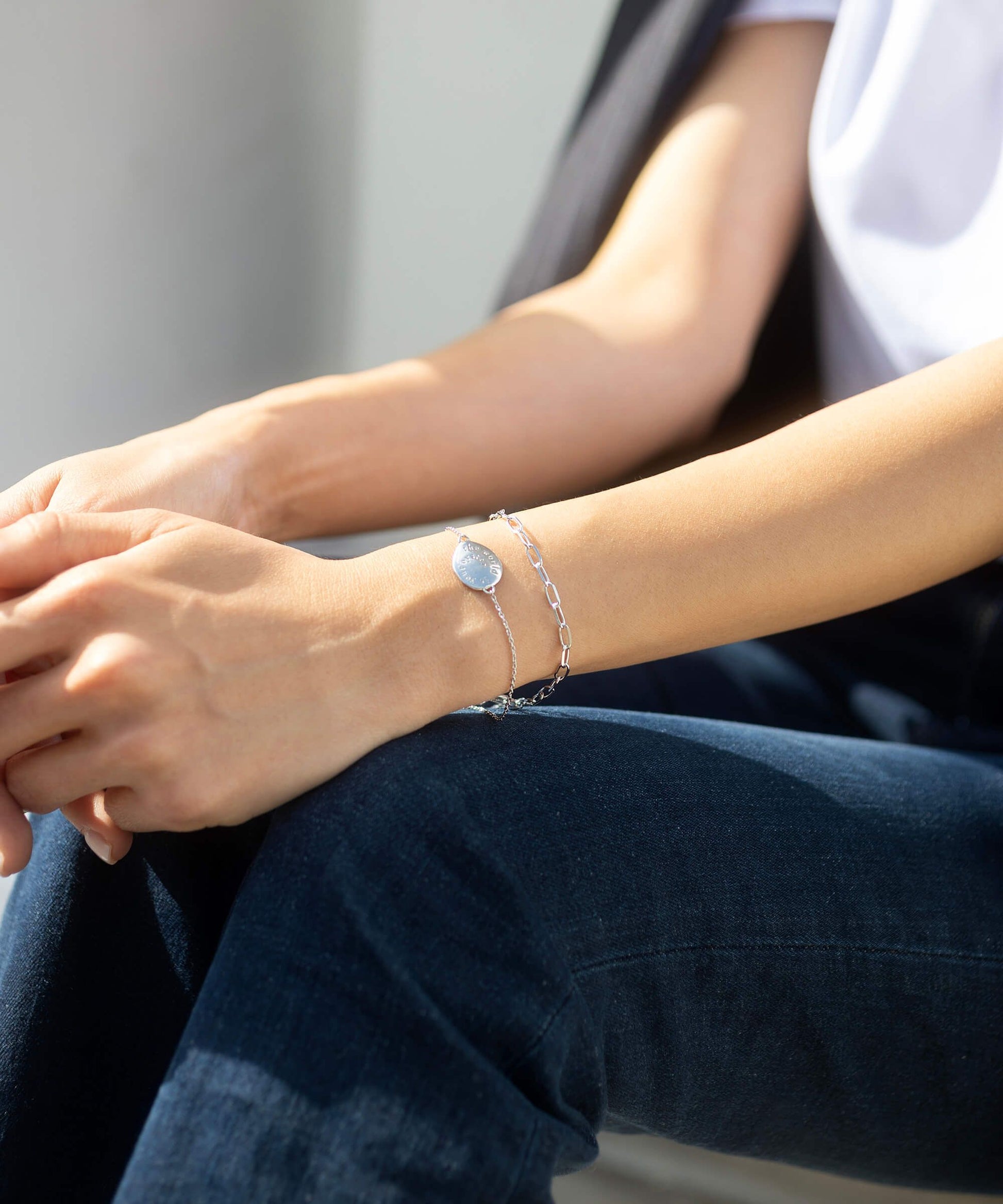 Paperclip silver layering chain bracelet with pearl charm