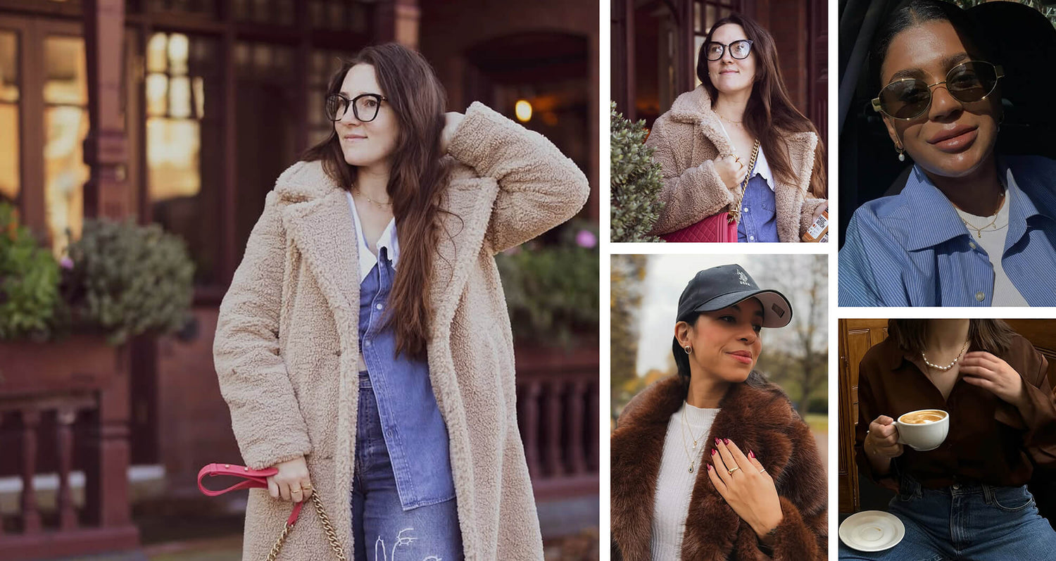 Collage of a woman in various outfits with a focus on winter clothing.