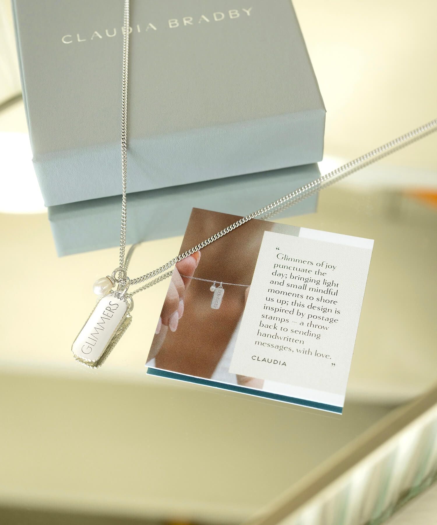 Single Pearl Silver Glimmers Pendant Necklace with story card 