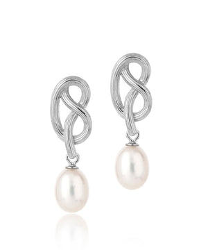 Medium love knot pearl silver drop earrings